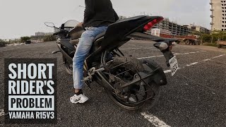 R15 v3 Seat Height Review 2021  54 Ft Vs 58 Ft Rider on R15 v3 [upl. by Ateuqahs]