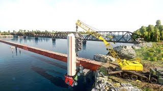 SNOWRUNNERMY TRUCKS FALL INTO THE RIVER WHEN I DRIVE ON CONTAINER BRIDGE AND RECOVER WITH BIG CRANE [upl. by Oyam915]