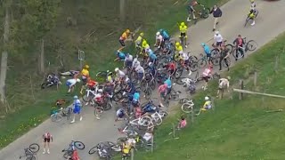 Massive Crash At LiègeBastogneLiège [upl. by Aned]