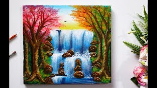 Step By Step Waterfall Landscape Painting for Beginners [upl. by Terbecki]