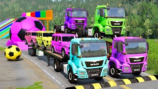 Double Flatbed Trailer Truck vs Speedbumps Train vs Cars Tractor vs Train Beamng Drive 088 [upl. by Atinnor487]