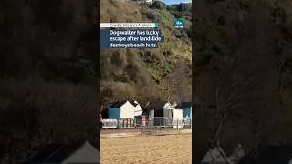 Dog walker has lucky escape after landslide destroys beach huts itvnews [upl. by Etnauj]