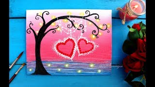 Easy Valentines Special Tree with Hanging Hearts Painting for Beginners  GIVEAWAY [upl. by Adnalohs467]