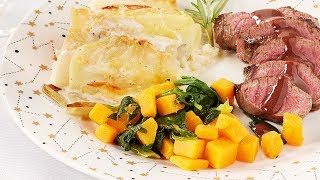 Recette Médaillon de biche gratin de chicons et étuvée de Butternut – Colruyt [upl. by Arahsit]