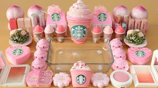 Mixing”Pink Starbucks” Eyeshadow and Makeuppartsglitter Into SlimeSatisfying Slime Video★ASMR★ [upl. by Natsirhc708]