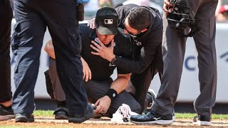 Plate umpire Nick Mahrley exits game between Rockies and Yankees after broken bat hits his neck [upl. by Aidnis]