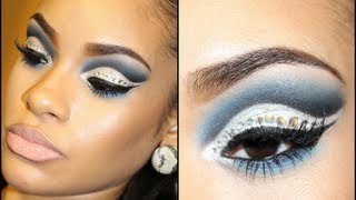 Dramatic Blue amp Silver Winged Cut Crease with Glitter amp Rhinestones [upl. by Eugene]