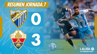 MÁLAGA CF 0  3 ELCHE CF  RESUMEN JORNADA 7 LALIGA HYPERMOTION [upl. by Netsua]