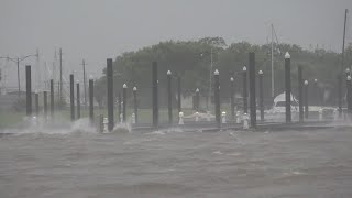 Hurricane Beryl storm surge pushing water over sea wall on Pleasure Island [upl. by Caldwell]