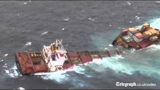 Cargo ship breaks up off the coast of New Zealand [upl. by Hujsak]