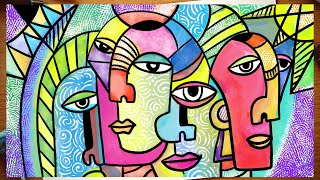 Cubism Picasso inspired Abstract faces  Cubism art lesson for kids  How to draw Cubism faces [upl. by Duester]