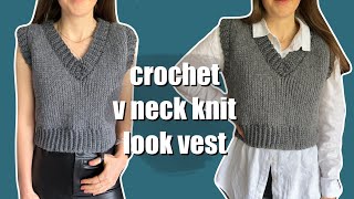 Crochet cropped v neck knit look vest  size adjustable tutorial [upl. by Ayatnwahs]