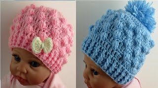 Easy crochet Baby hat beanie Bobble stitch Pom Pom tutorial  Designed by Happy Crochet Club [upl. by Anneh]