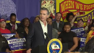 California Gov Gavin Newsom signs law to raise minimum wage for fast food workers to 20 per hour [upl. by Georgy691]