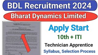 BDL RECRUITMENT 2024  10th ITI  Technician Apprentice Recruitment Bharat Dynamics Limited [upl. by Huxham]