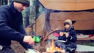 Hot Tent  Woodstove Campfire Hot Chocolate and Pancakes [upl. by Rebmik622]