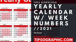 2021 Yearly Calendar Template with Week Numbers for Excel ► Free Download [upl. by Zaneta]