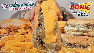 MUKBANG EATING PHILLYS BEST PHILLY CHEESESTEAKS CHEESE FRIES SONIC CHILLI CHEESE TATER TOTS ASMR [upl. by Otrebireh56]