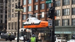 Sikorsky H34 S58JT Aerial Crane Helicopter Lift – Michigan Avenue – Chicago Illinois [upl. by Nylsaj427]