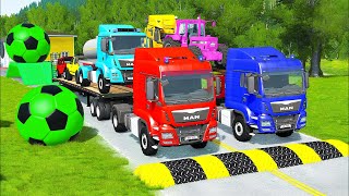 Double Flatbed Trailer Truck vs Speedbumps Train vs Cars BeamngDrive  Flatbed Trailer [upl. by Galen379]