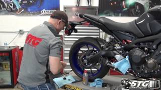 How to Install Spiegler Rear Brake Lines on 2014 Yamaha FZ09 from Sportbiketrackgearcom [upl. by Alarice]