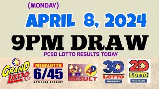 Lotto Result Today 9pm draw April 8 2024 655 645 4D Swertres Ez2 PCSOlotto [upl. by Adekan960]