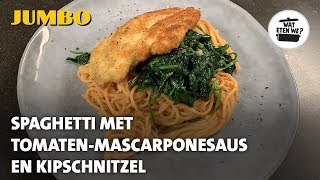 Wat eten we Spaghetti met tomatenmascarponesaus en kipschnitzel [upl. by Emyam]