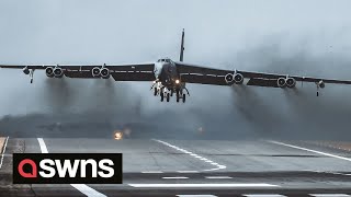 US Air Force B52H Stratofortress heavy bombers spotted leaving British air base  SWNS [upl. by Cirdec360]