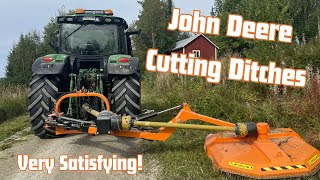 Mowing Overgrown Ditches with John Deere 6150R I Satisfying Relaxing [upl. by Alage389]