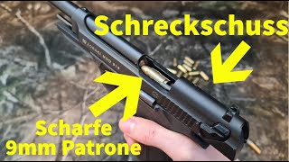 Scharfe 9mm Patrone in 9mm Schreckschuss Pistole laden und schießen ist das möglich [upl. by Knight74]