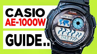 CASIO AE1000W How To TUTORIAL Guide  Time amp Date Alarms World Time Timer and Stopwatch [upl. by Dirgis]