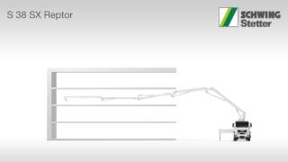 SCHWINGStetter  Animation of the truckmounted concrete pump S 38 SX threading into a building [upl. by Eerihs]