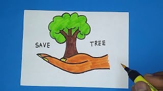 How to draw creative save tree Drawing  School project drawing for kids [upl. by Esetal]