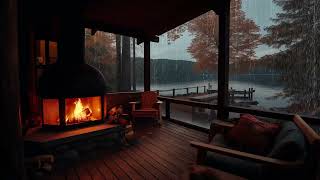 Cozy Cabin Porch with Crackling Fire and The Sounds of Rain in Forest [upl. by Ajed]