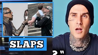 Travis Barker SLAPS a fan for publishing his and Kourtney Kardashians SON ROCKY [upl. by Lugo529]