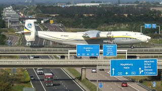 ANTONOV AN22 crossing the MOTORWAY  The biggest Propeller Plane worldwide  DEPARTURE  LANDING [upl. by Nedia]