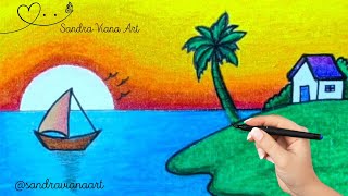 ✍️Como desenhar uma PAISAGEM com SOL NASCENTE e CASA  Pintura com giz pastel oleoso [upl. by Starr]