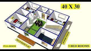 40 X 30 GHAR KA NAKSHA WITH GOD ROOM II 40 X 30 HOUSE PLAN DESIGN II 3 BHK HOUSE PLAN [upl. by Frye]