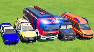 POLICE CAR FIRE TRUCK AMBULANCE COLORFUL CARS FOR TRANSPORTING FS 22 [upl. by Niall]