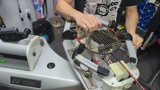 Badminton Racket Stringing  Yonex Astrox 99 Pro top down view 4 knots not talking [upl. by Knarf]