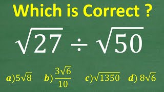 The square root of 27 divided by the square root of 50 Basic Algebra [upl. by Zhang224]