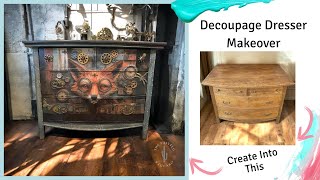 How to Layer Paint For Distressed Look Steampunk Decoupage Paper For Dresser Drawer  DIY Furniture [upl. by Anitnerolf]