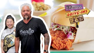 Guy Fieri Eats Mei Lins quot98Stepquot Hot Chicken Sando  Diners DriveIns and Dives  Food Network [upl. by Gerfen]