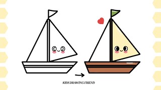 How To Draw and Color Easy Cute Boat Step by Step Tutorial for Kids and Toddler [upl. by Berton]