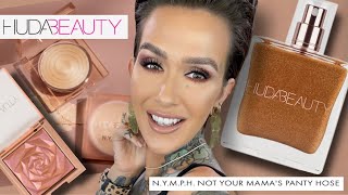 NEW Huda Beauty NYMPH GLOW Collection Swatch  Reviews  Kiss Blush Glaze  Body Drip Oil [upl. by Collyer515]