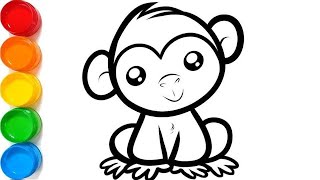 Cute Monkey Drawing And Painting For Kids Toddlers  Easy Animal Coloring For Children Kids Song [upl. by Nowahs]