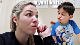 My VEGETARIAN SON tries meat for the FIRST time [upl. by Dronski]