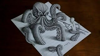 How To Draw An Octopus  3D Drawing On Lined Paper [upl. by Einra]