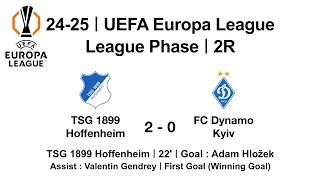 2425 UEFAEuropaLeague LeaguePhase｜2R｜TSG1899Hoffenheim 2  0 FCDynamoKyiv｜AdamHložek Goal [upl. by Pape]