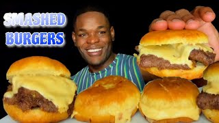 SMASHED BURGERS MUKBANG  JAMAICAN FRIED DUMPLING BURGERS  MELINDAS NEW SAUCES [upl. by Prunella154]